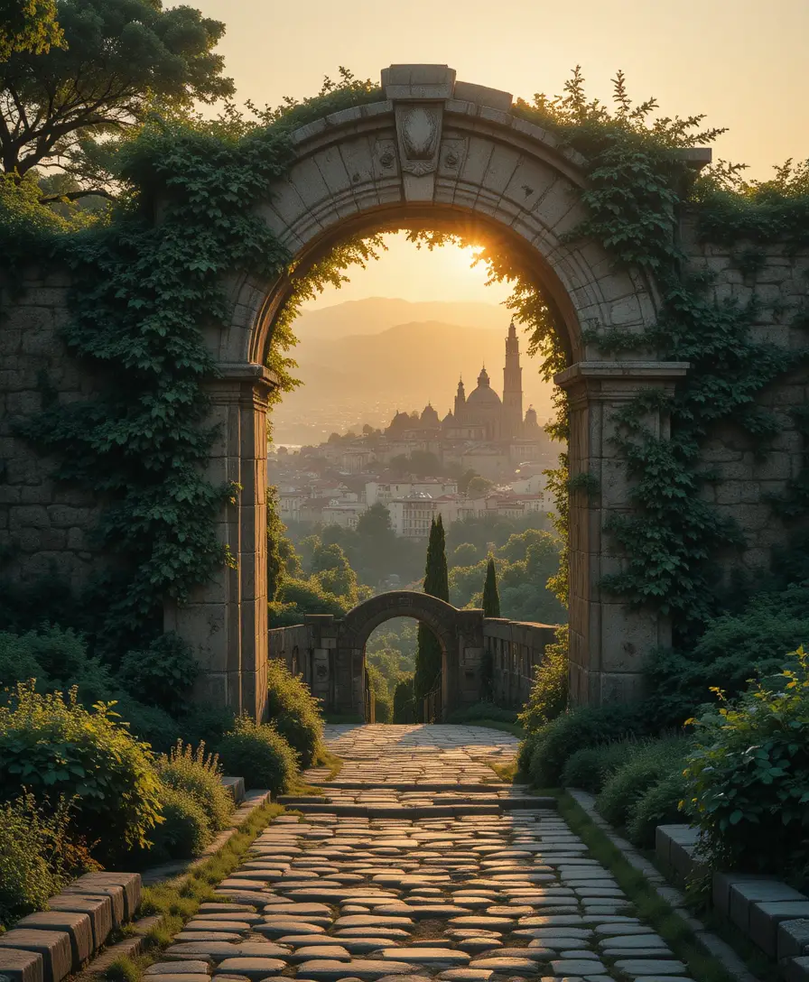 Overgrown Stone Gateway Leading To A Distant Medieval City