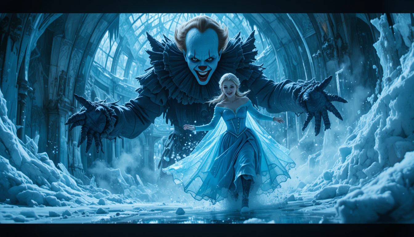 Ice queen running from a nightmarish clown in terror