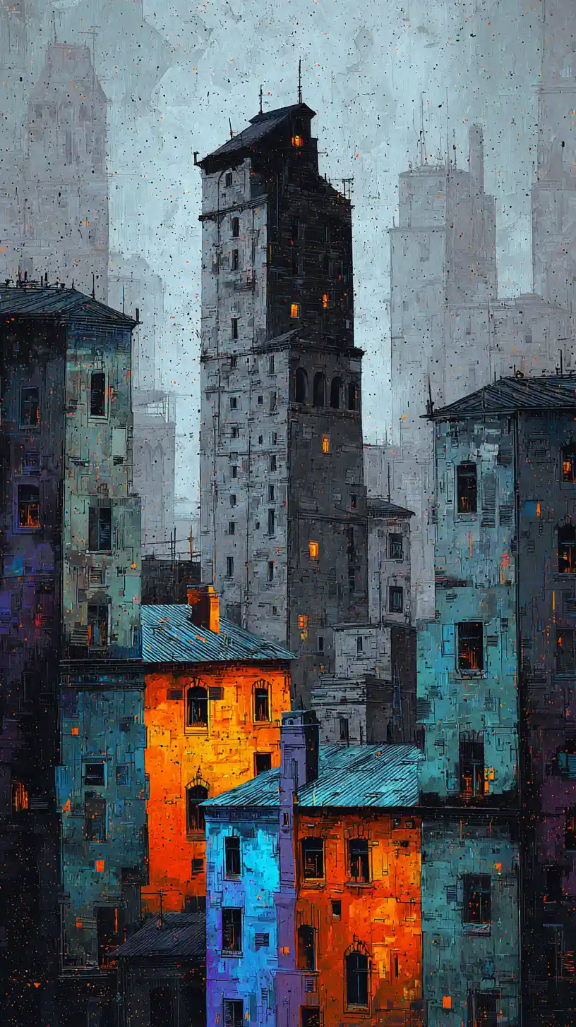 Urban cityscape merging from gray to colorful risograph print