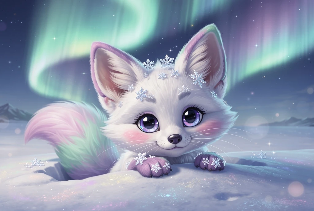 Adorable Bébé Renard Arctique dans la Neige Scintillante sous une Lueur d’Aurore