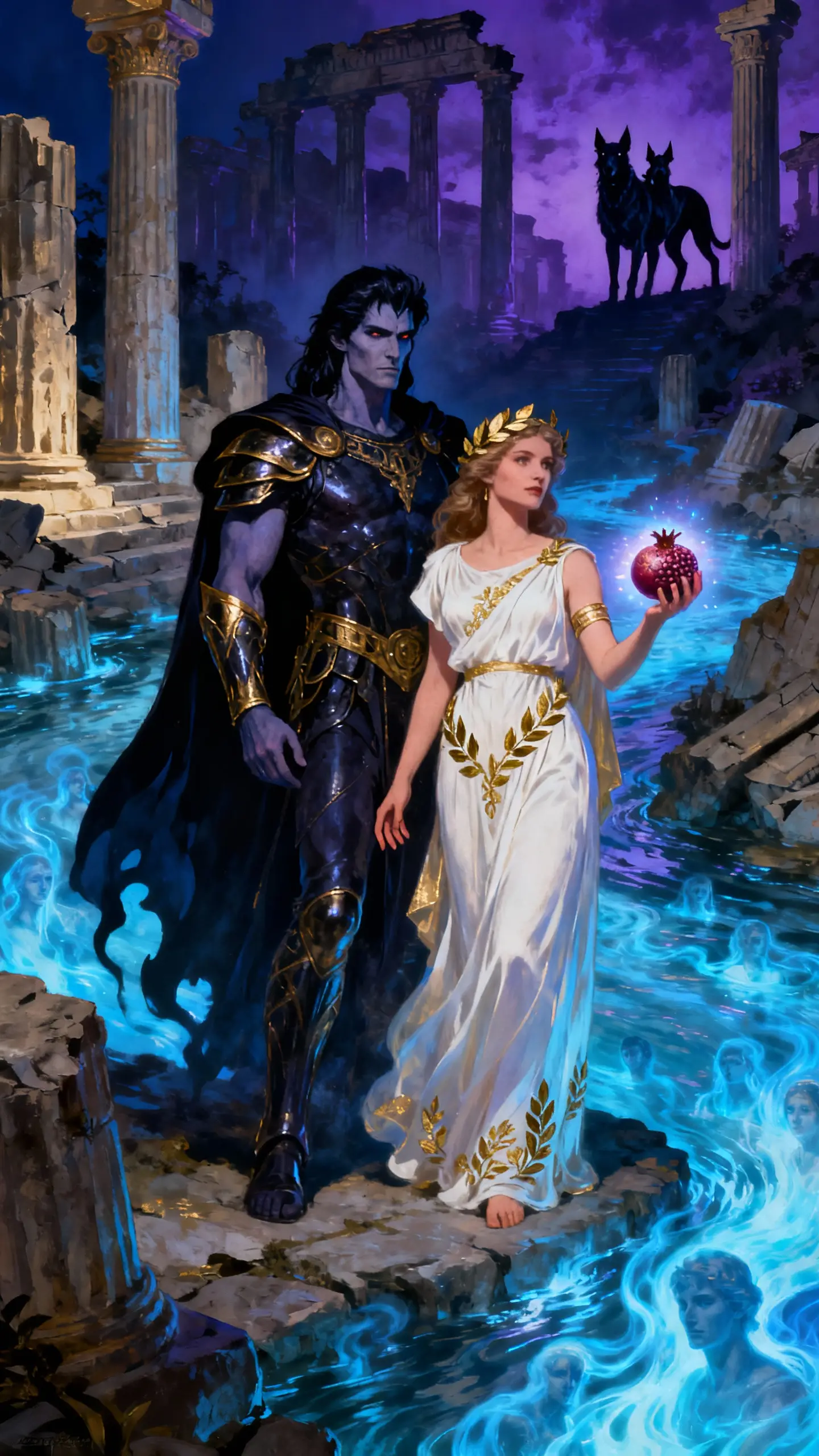 Hades and Persephone in regal underworld fantasy scene