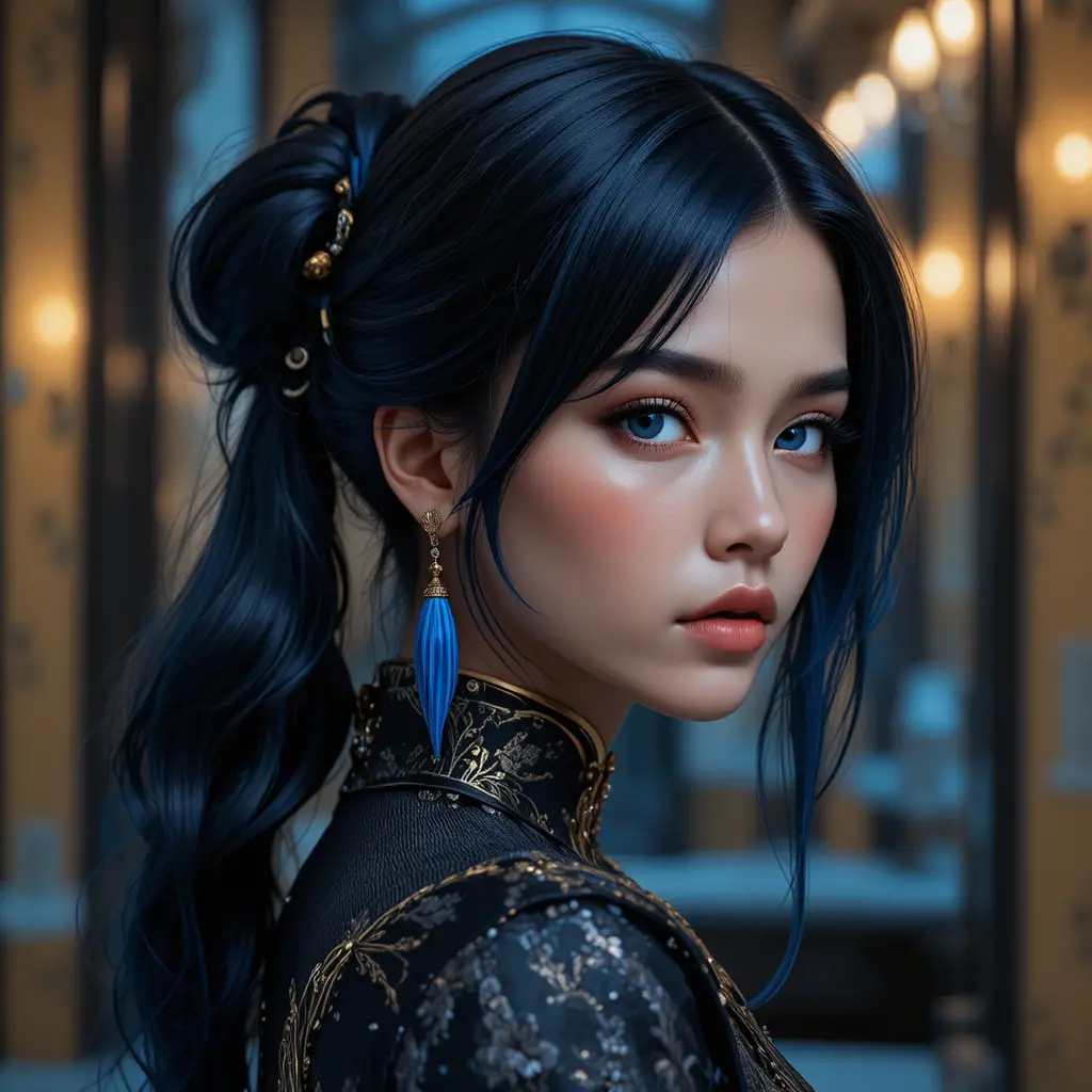 Close up portrait of a stylish woman before a large mirror