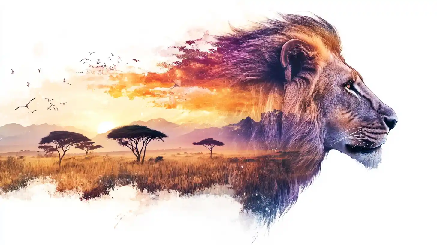 Profilo di leone ad acquerello fuso con savana africana luminosa