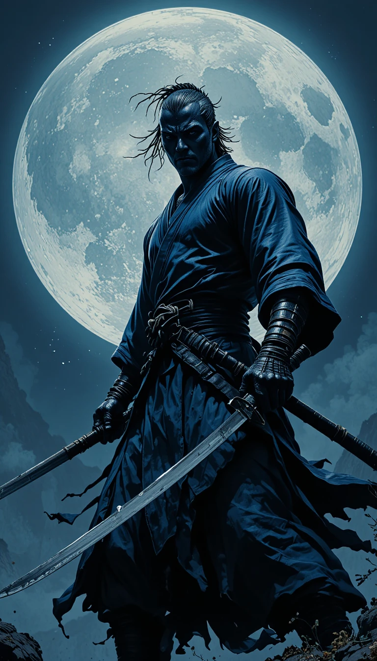 Samurai nero stoico sotto una luminosa luna piena
