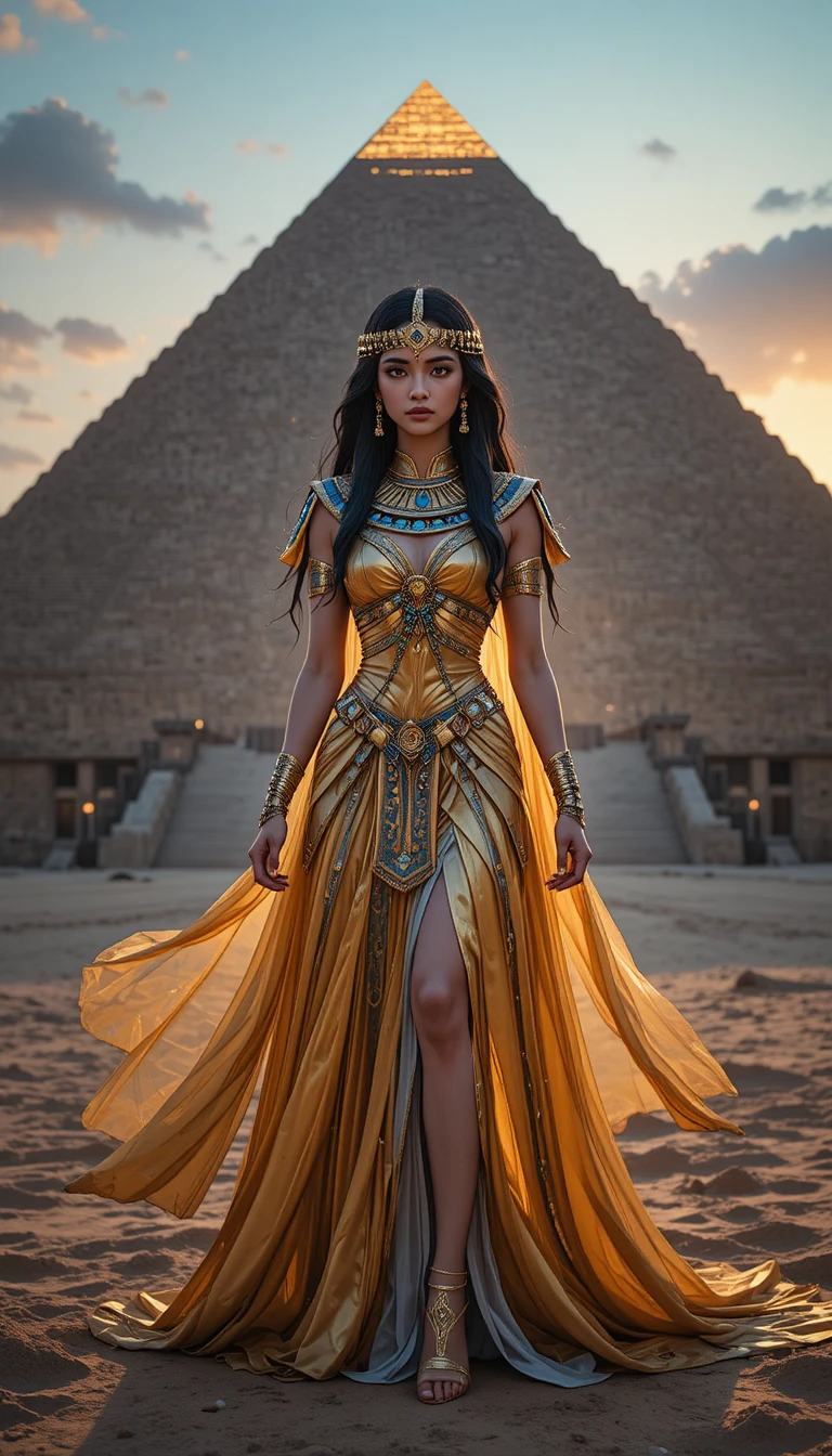 Elegante mujer de fantasía con atuendo de Cleopatra frente a la pirámide