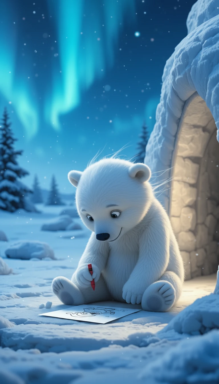 Cucciolo di orso polare che disegna Babbo Natale fuori da una tana innevata