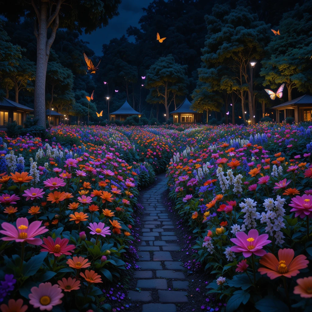 Endless flower field glowing with neon butterflies at night