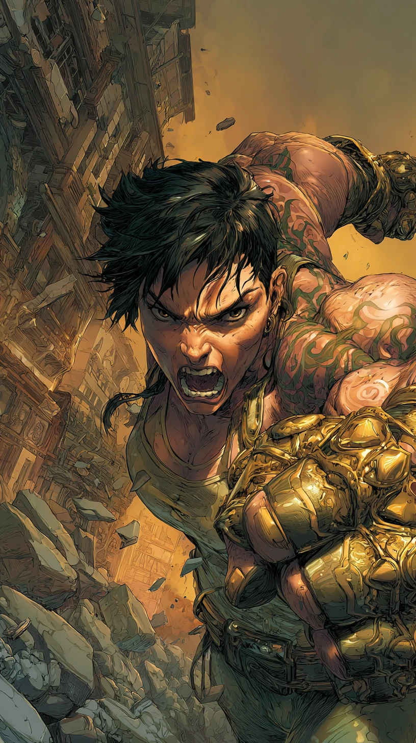 Furious female warrior with hypermuscular body in ruined city