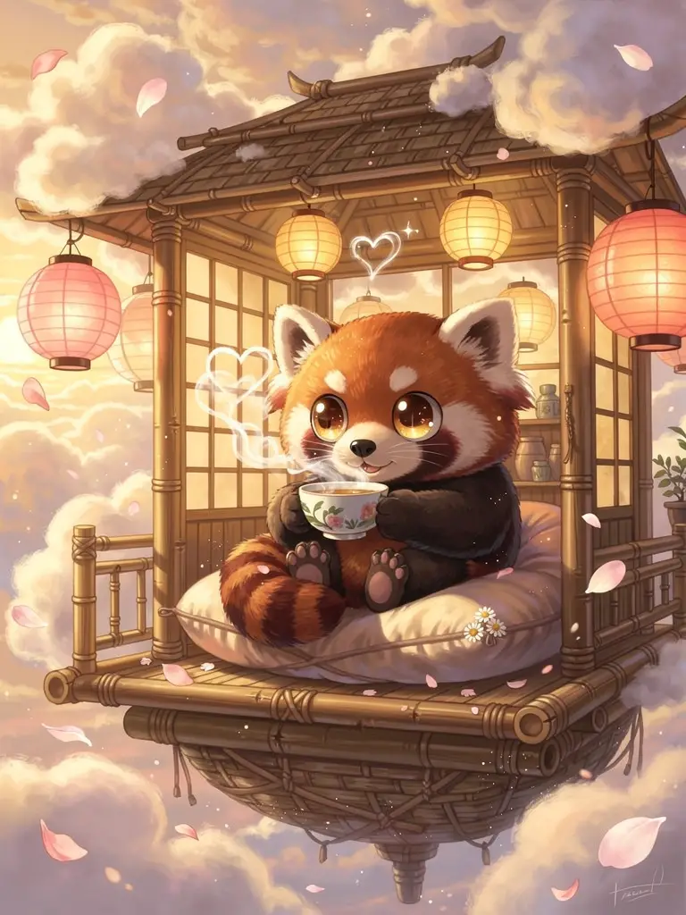 可愛紅熊貓在空中漂浮的竹子茶屋裡喝茶