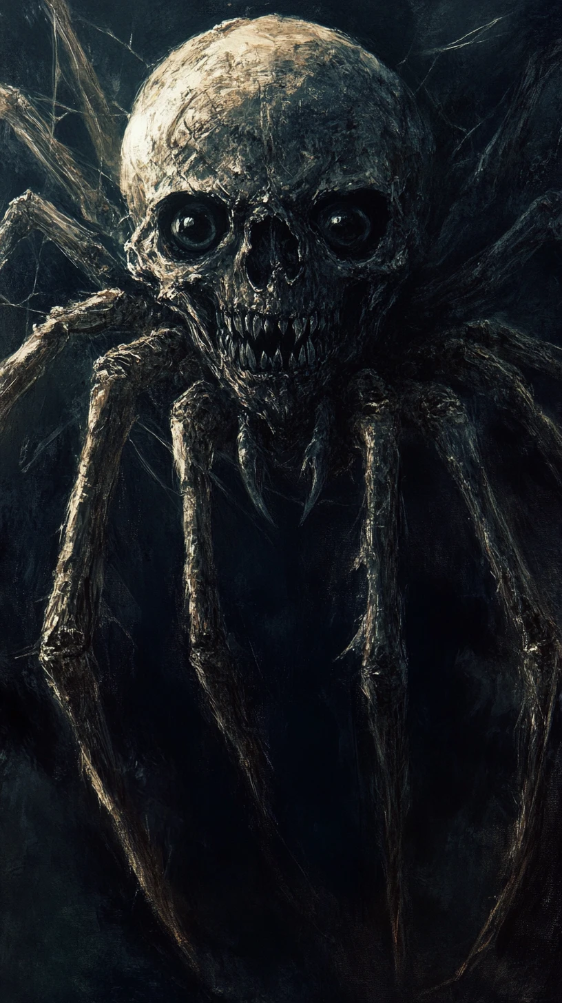 Mostro Ragno Teschio Agghiacciante in Dipinto Dark Fantasy
