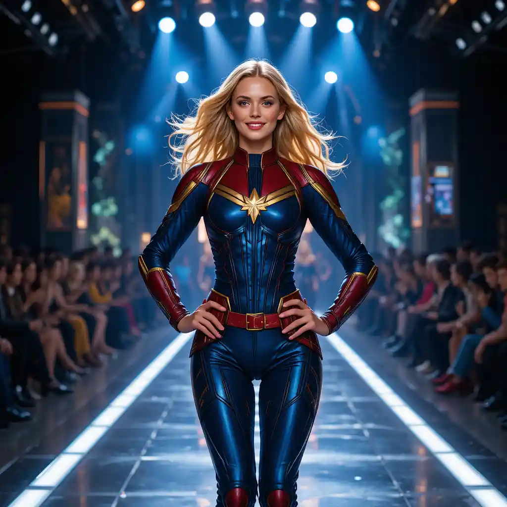 Confident heroine walking down a bright fashion runway