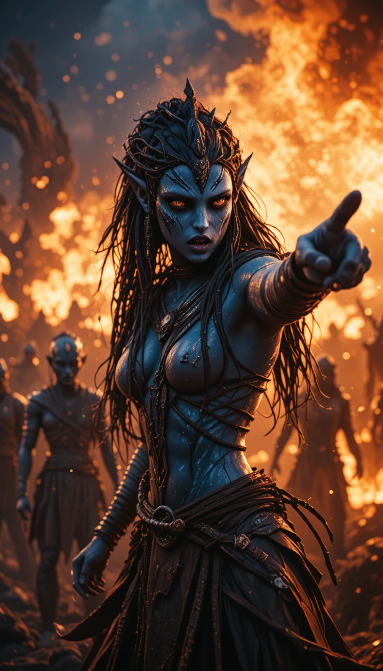 Defiant warrior woman pointing forward amid blazing battle