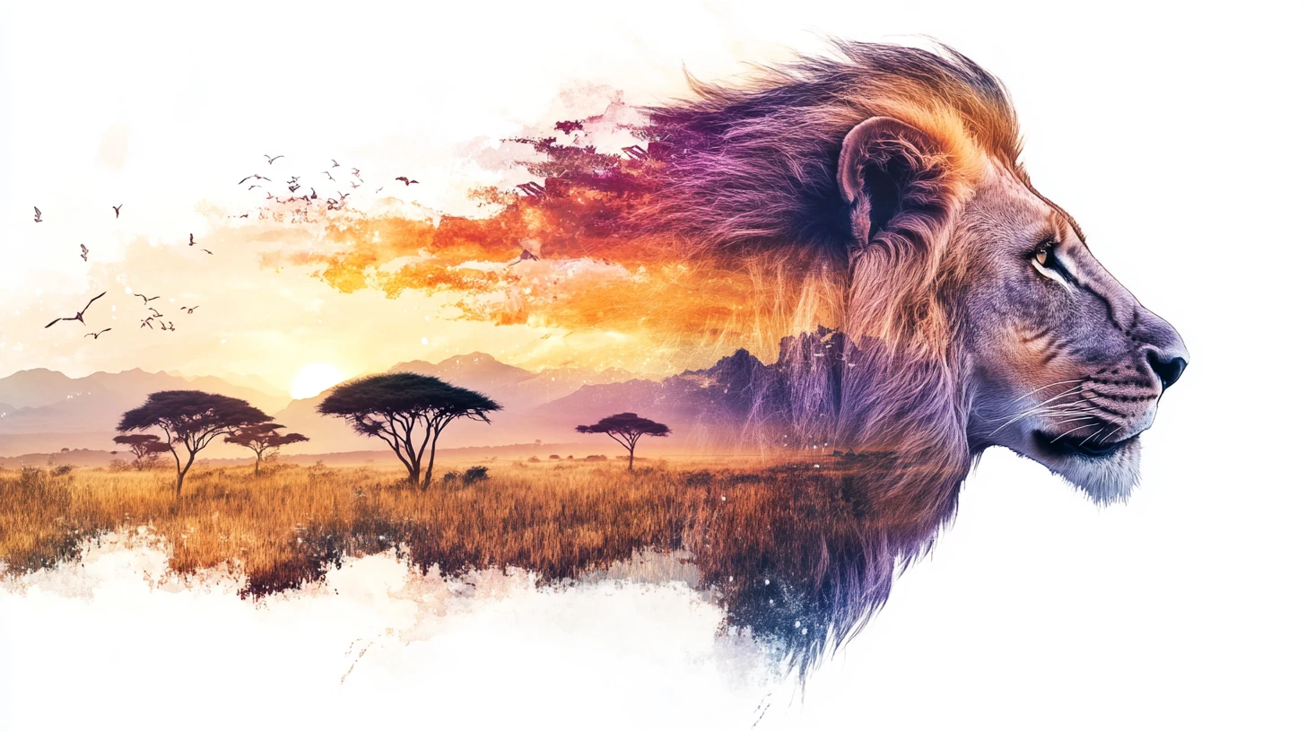 Profilo di leone ad acquerello fuso con savana africana luminosa