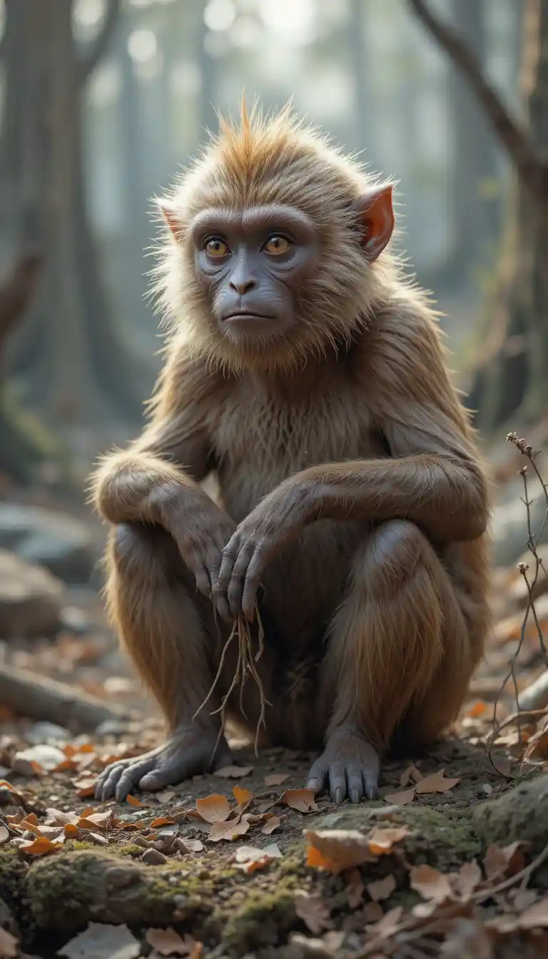 배고픈 원숭이가 붐비는 시장에서 반짝이는 물고기를 훔치는 장면