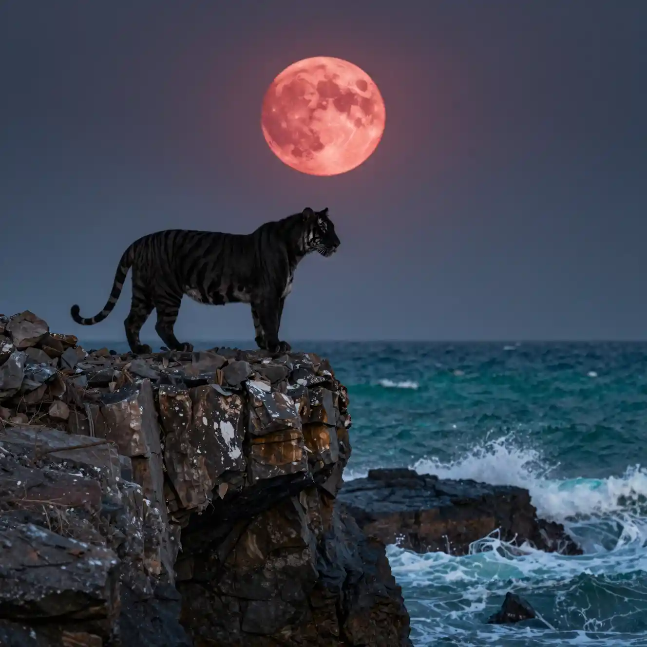 Tigre negro en un acantilado a la luz de la luna sobre olas oceánicas rompientes