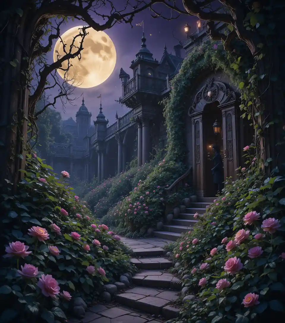 Enchanted Gothic Garden Under Moonlight With Glowing Flowers