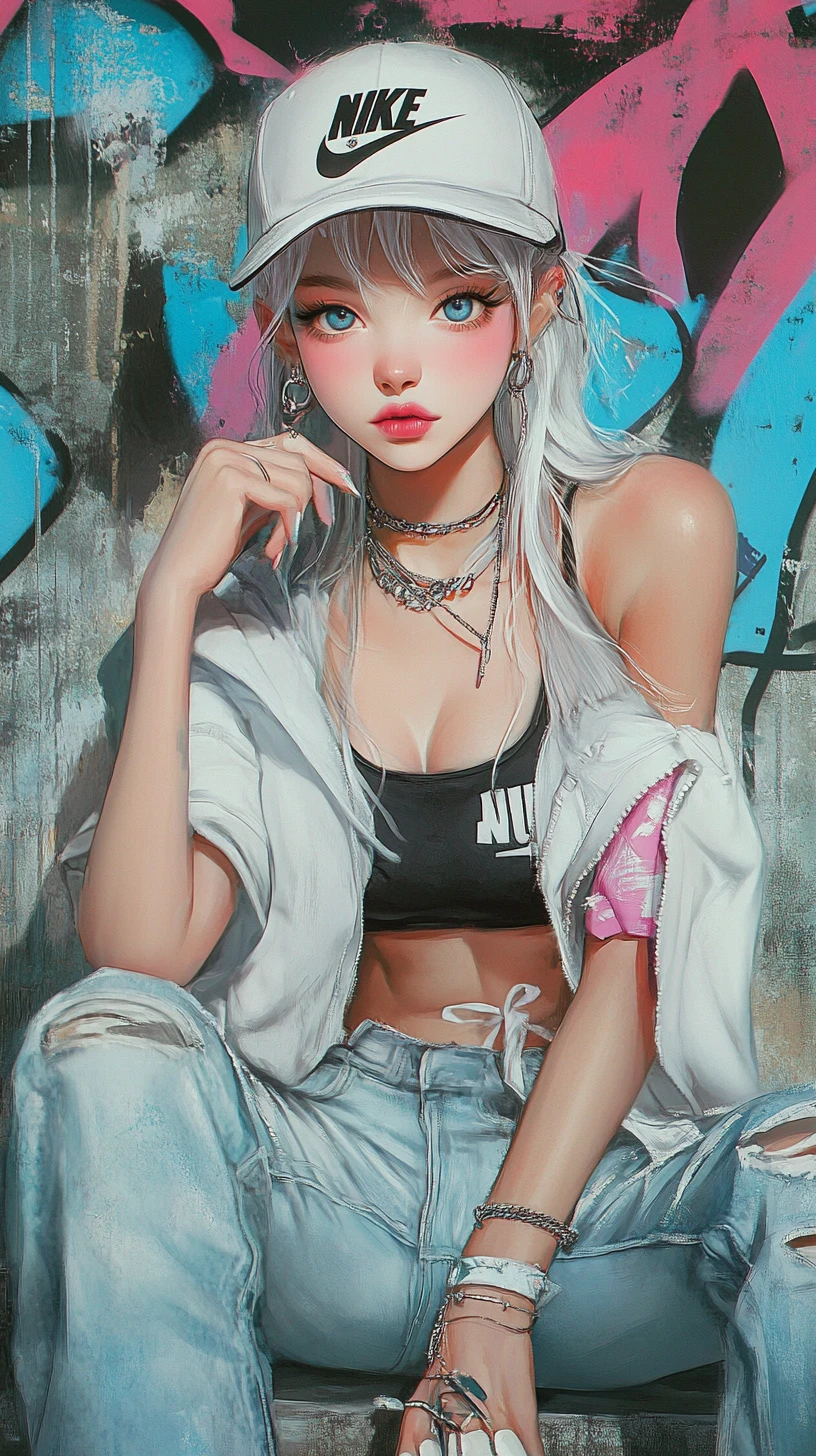 Chica de anime con ropa blanca frente a un colorido muro de grafitis