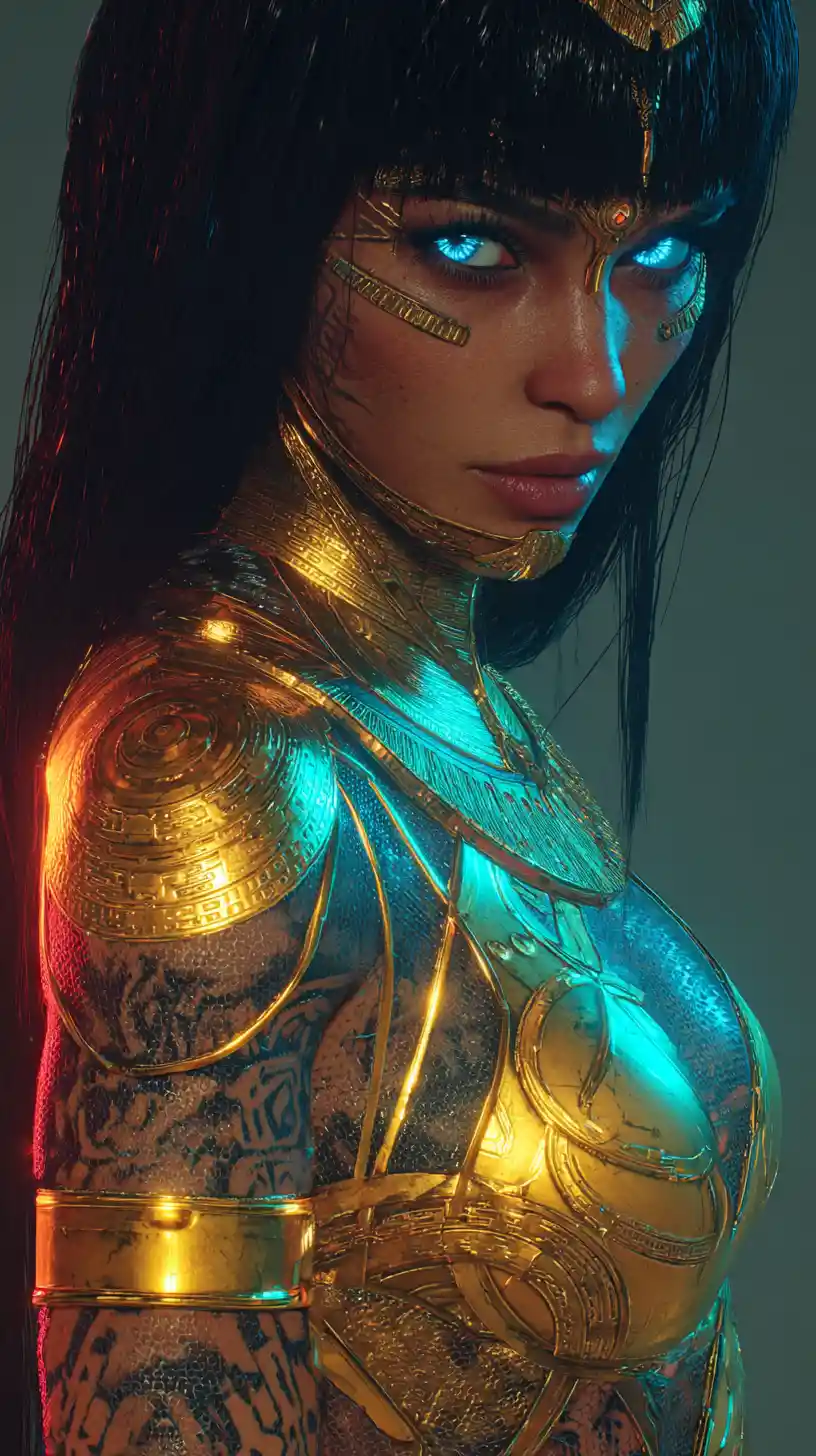 Déesse guerrière arabe de science‑fiction en armure biomécanique dorée