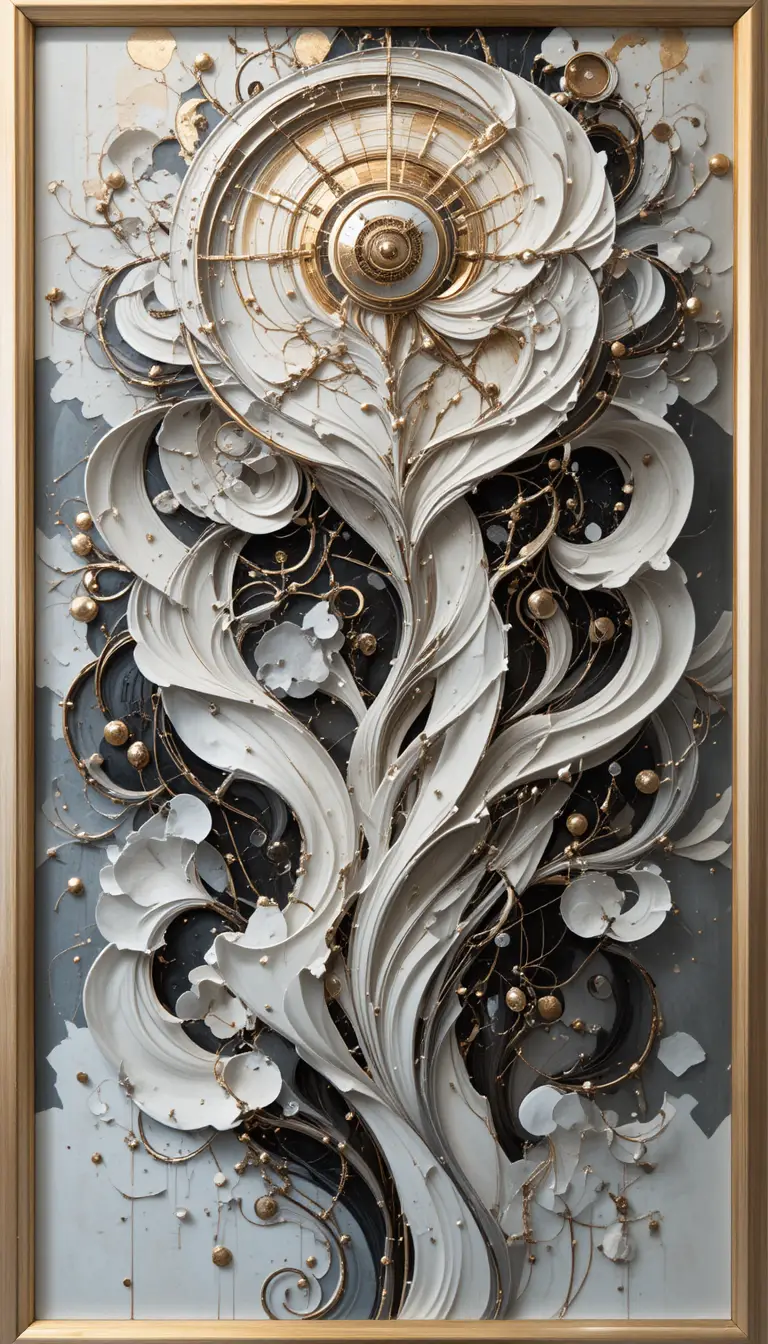 Arte abstrata feminina emoldurada em tons de branco e metálico