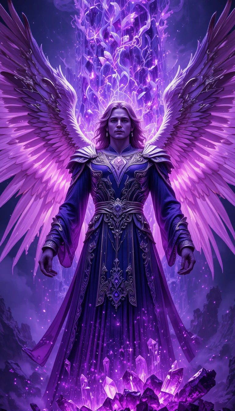 Angelic portrait in violet fire with glowing purple wings