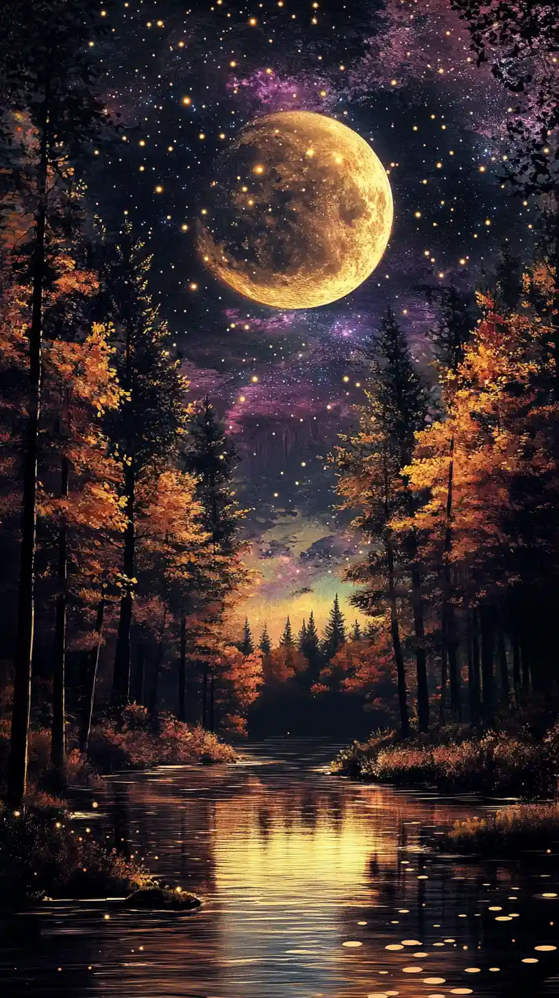 Majestic autumn forest night with golden moonlit river