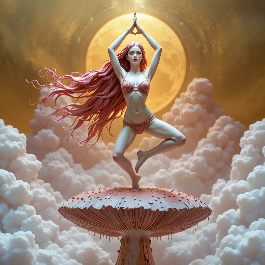 Statue de fille faisant du yoga sur un champignon psychédélique flottant
