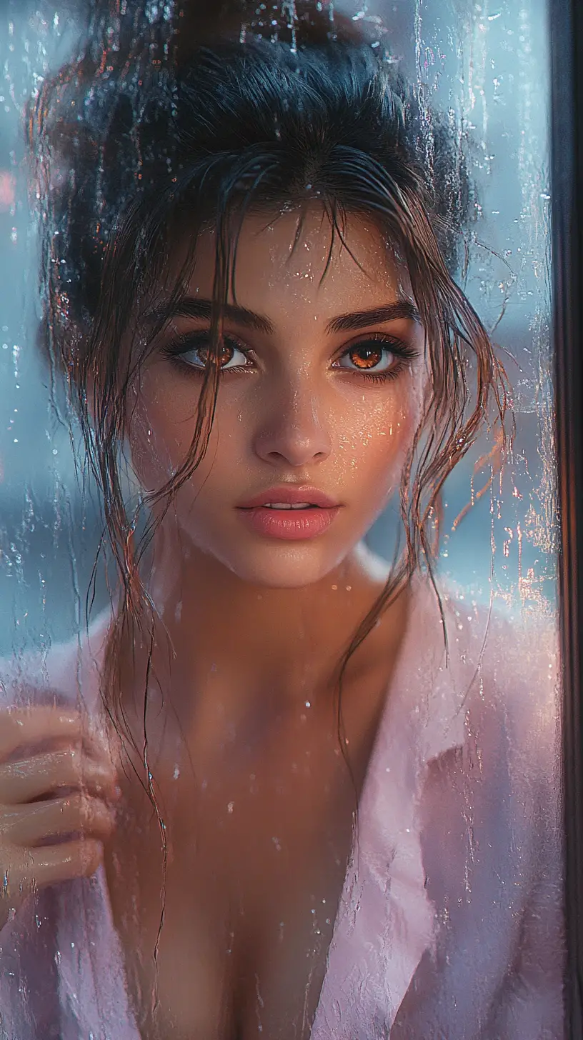 Retro portrait of wet egyptian girl behind rainy glass