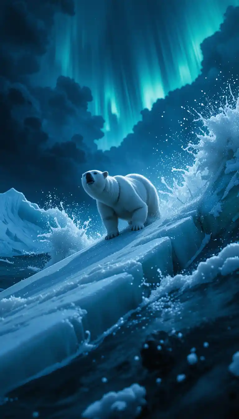 Cucciolo di orso polare che scivola su una banchisa artica in tempesta