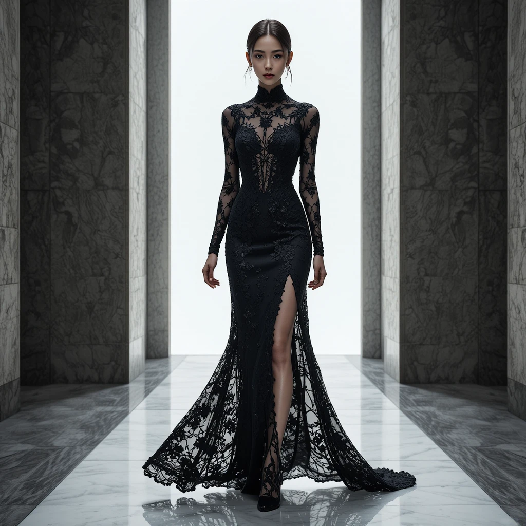 Korean woman striding in black lace gown on glowing onyx pier