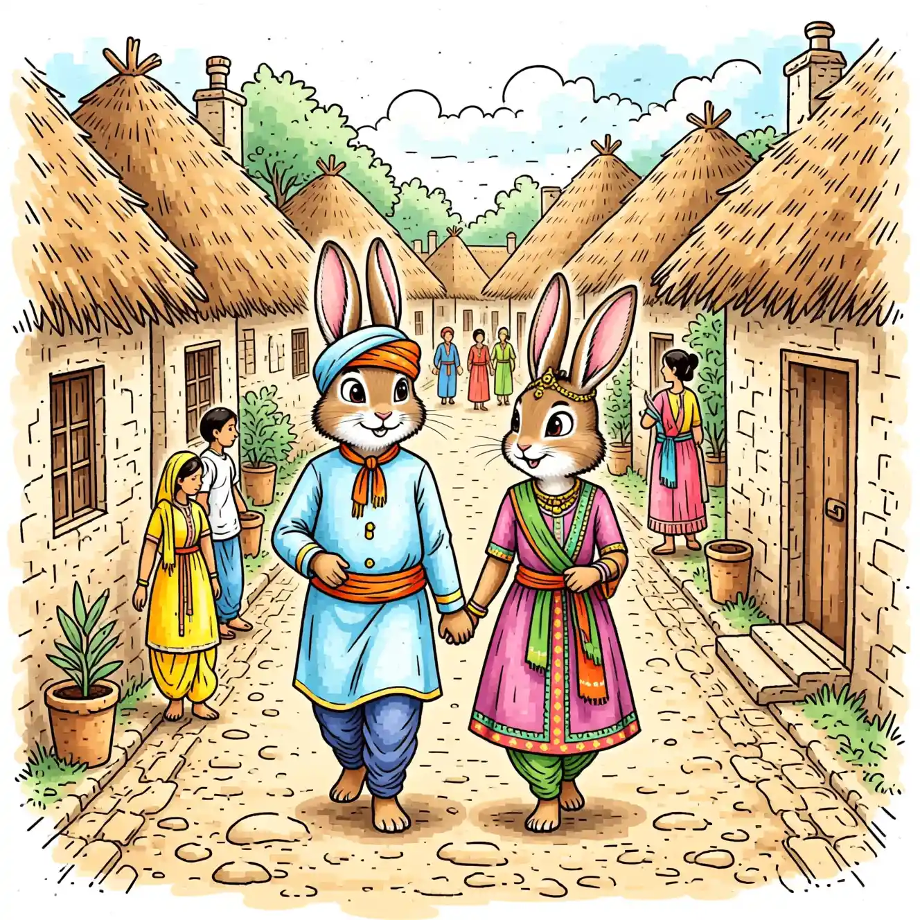 Rabbit couple walking through a rustic village street