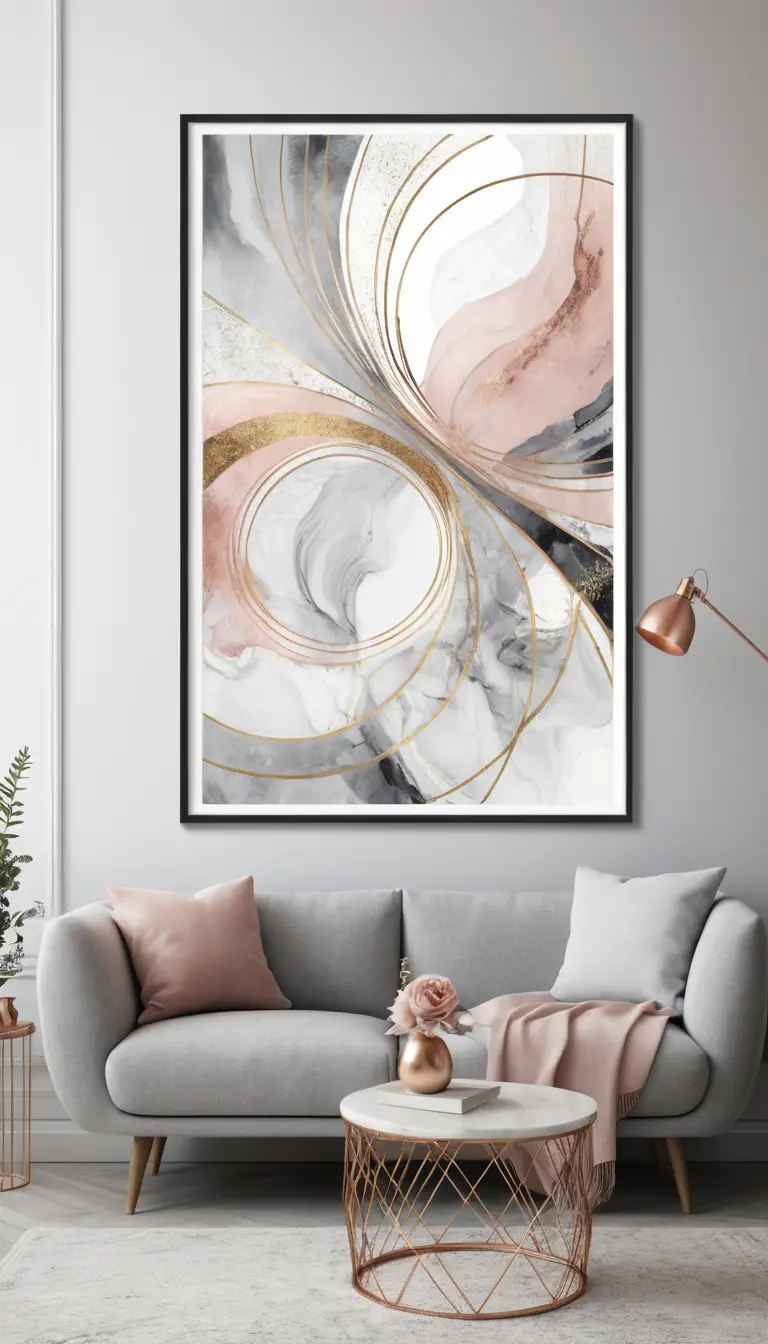 Arte abstrata feminina emoldurada em tons metálicos