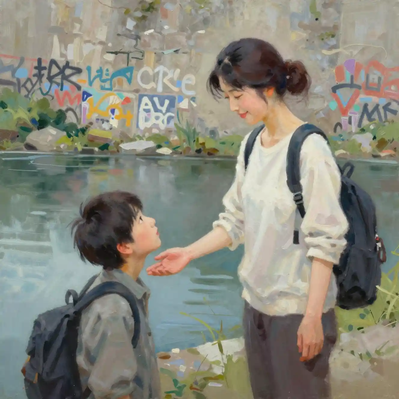 Woman comforting a weary traveler beside a quiet lake