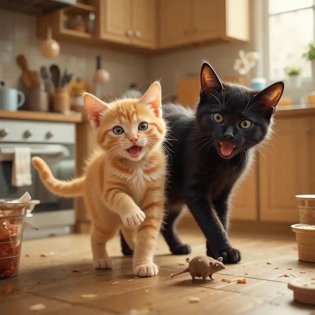 Verspieltes Kätzchen und schwarze Katze in einer gemütlichen Küche