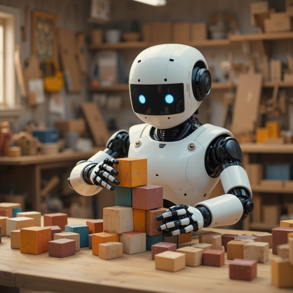 Robot de service rangeant des blocs de bois colorés dans un atelier chaleureux
