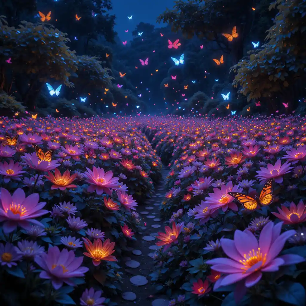 Leuchtende Neon-Schmetterlinge über einem nächtlichen Blumenfeld
