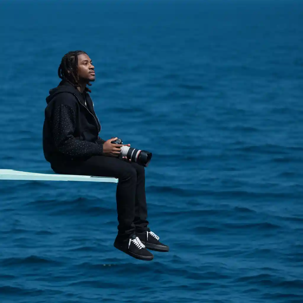 Teen boy on diving board over deep blue ocean