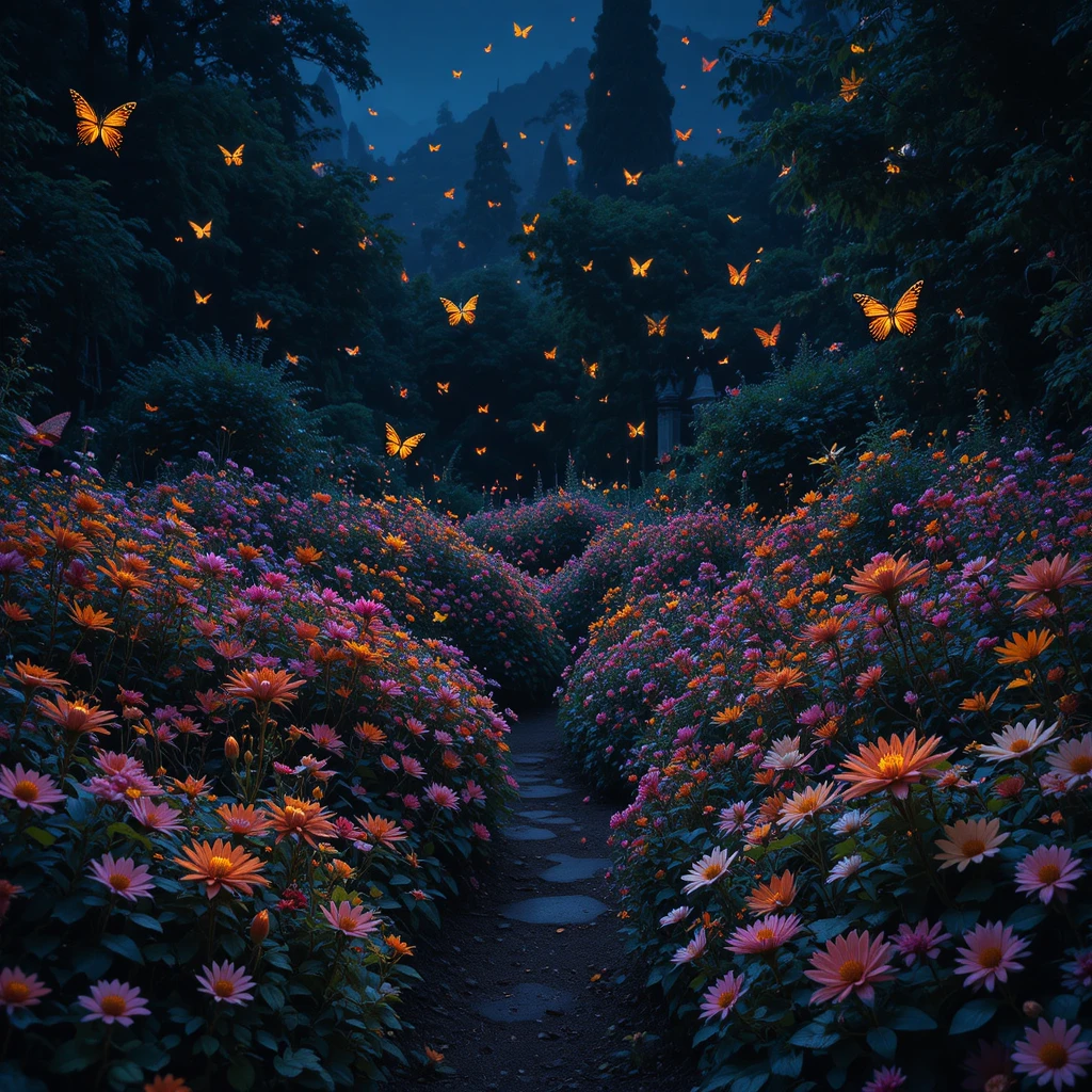 Endless flower field glowing with neon butterflies at night