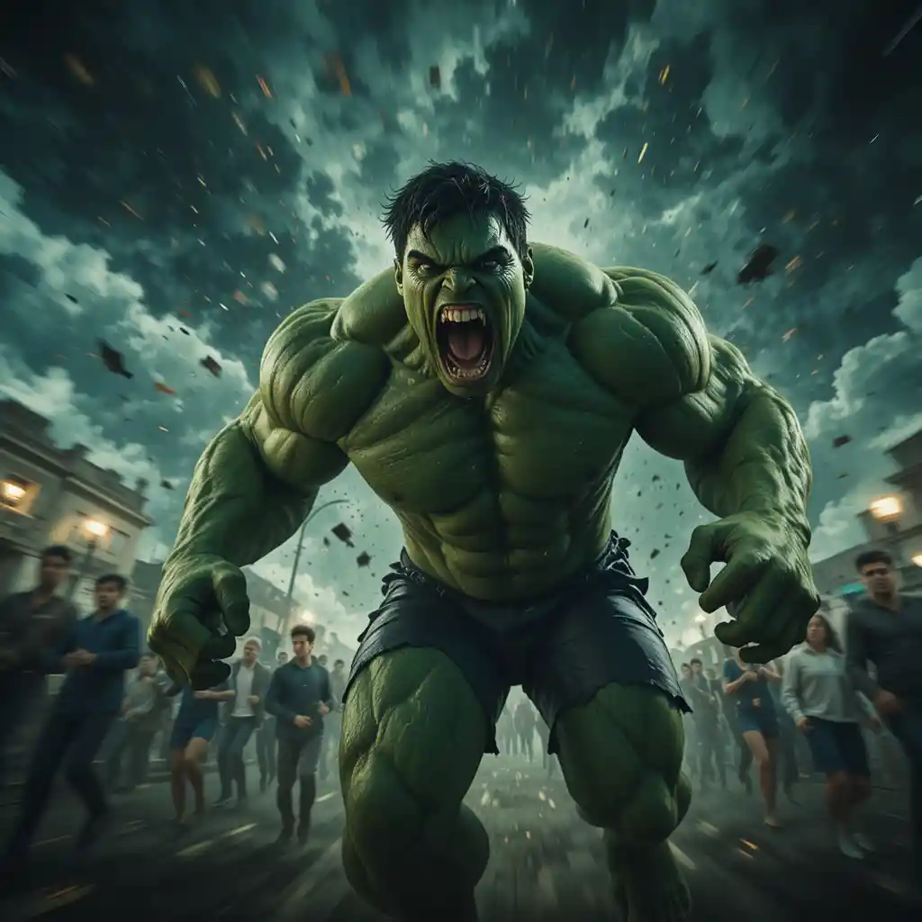 Angry muscular figure roaring under a dark stormy sky