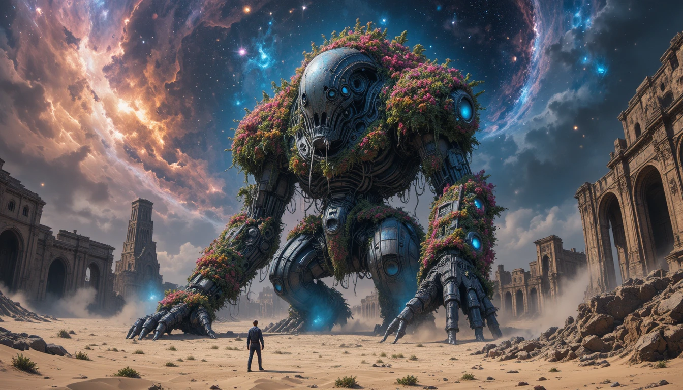 Ancient giant automaton in glowing desert ruins at night