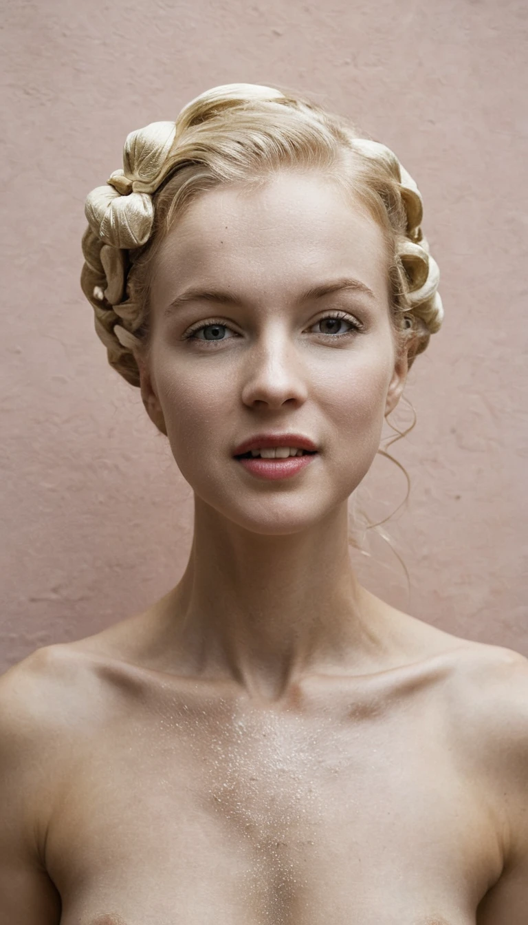 Extreme close up of sunlit bare breasts and blonde hair