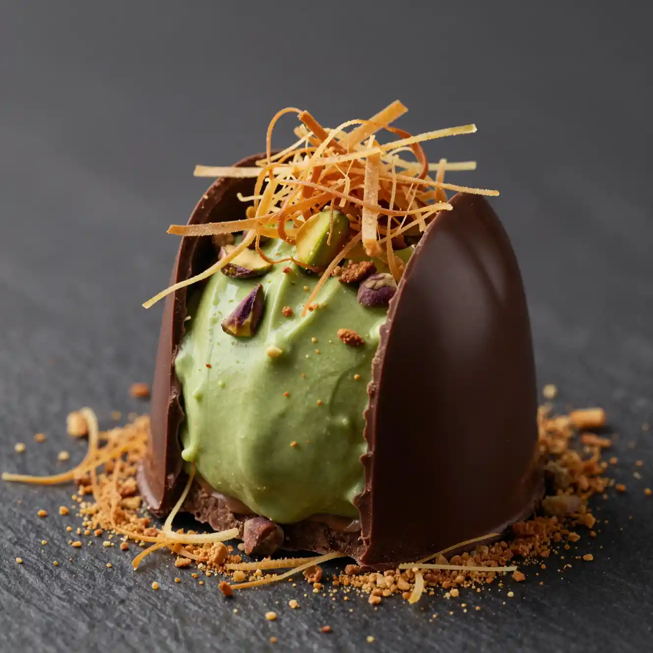 Luxuriöses Schokoladendessert mit Pistaziencreme und Knuspergebäck