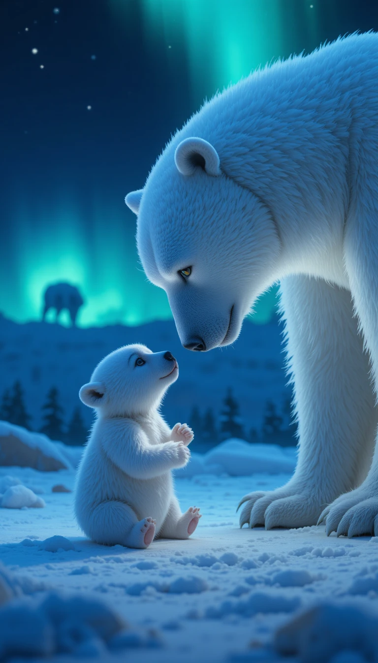 Osito polar escuchando atentamente a su madre resplandeciente
