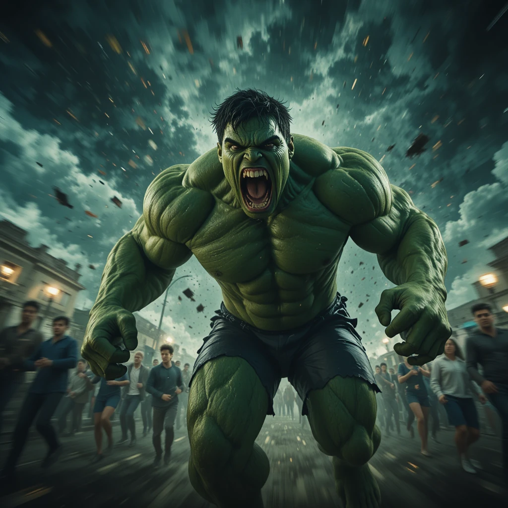 Angry muscular figure roaring under a dark stormy sky