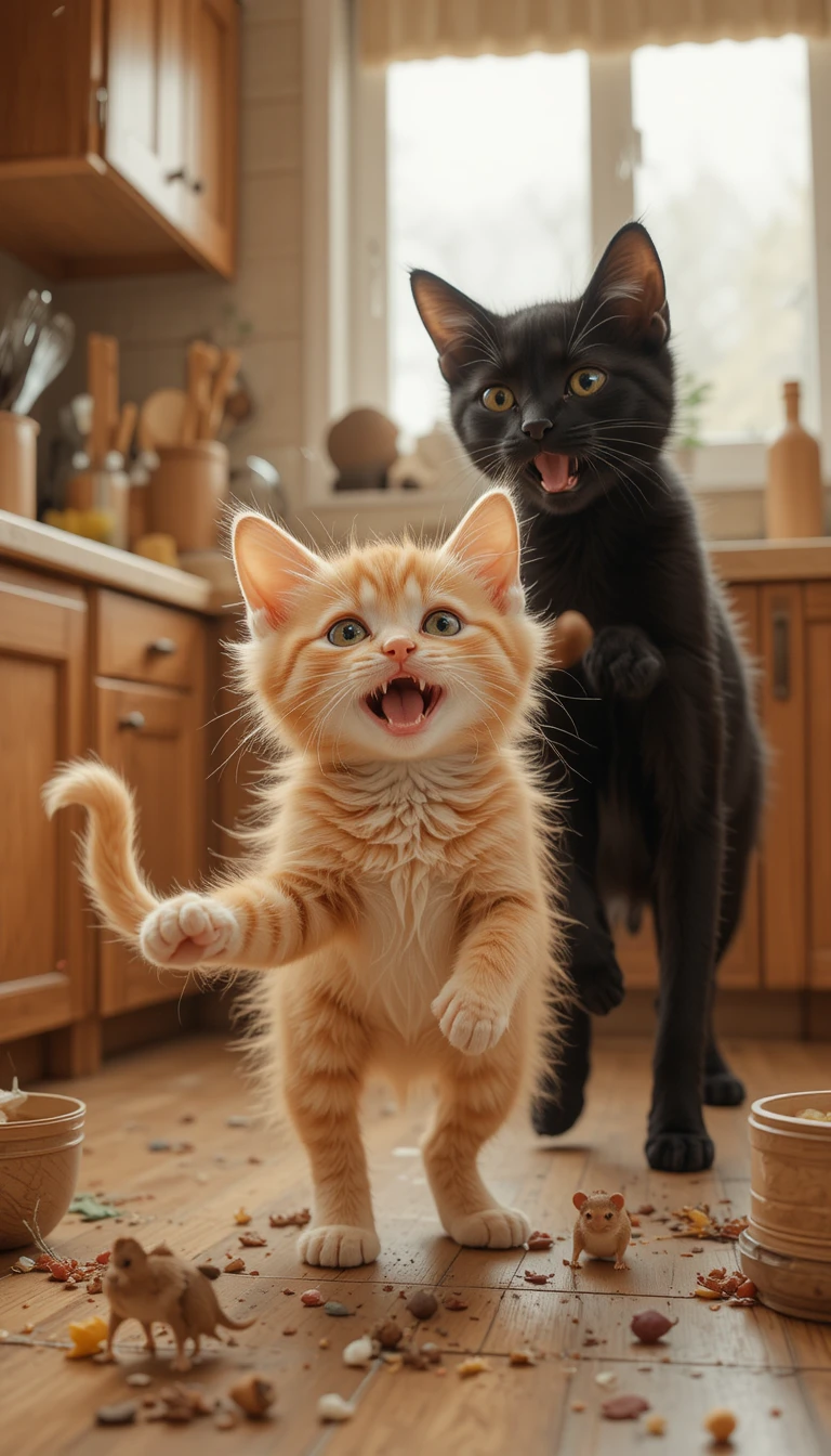 Chatons joueurs poursuivant une souris en jouet dans une cuisine confortable