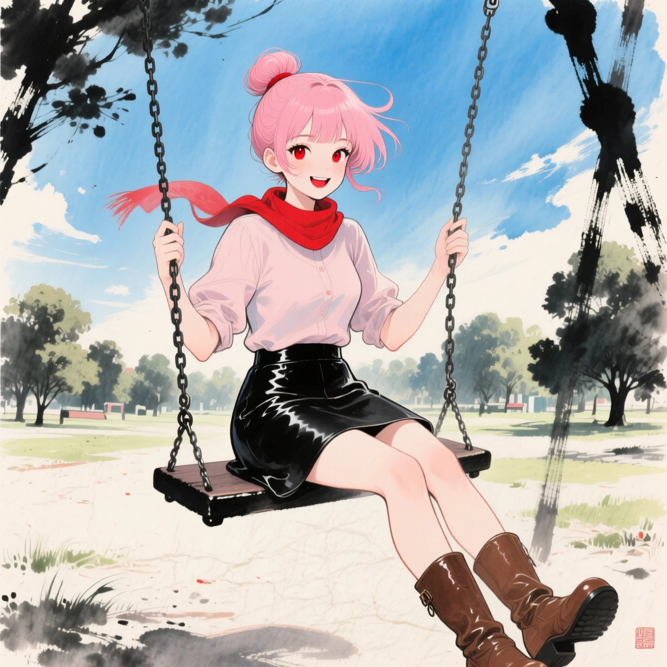 Pink haired anime girl on a swing in an ink wash park