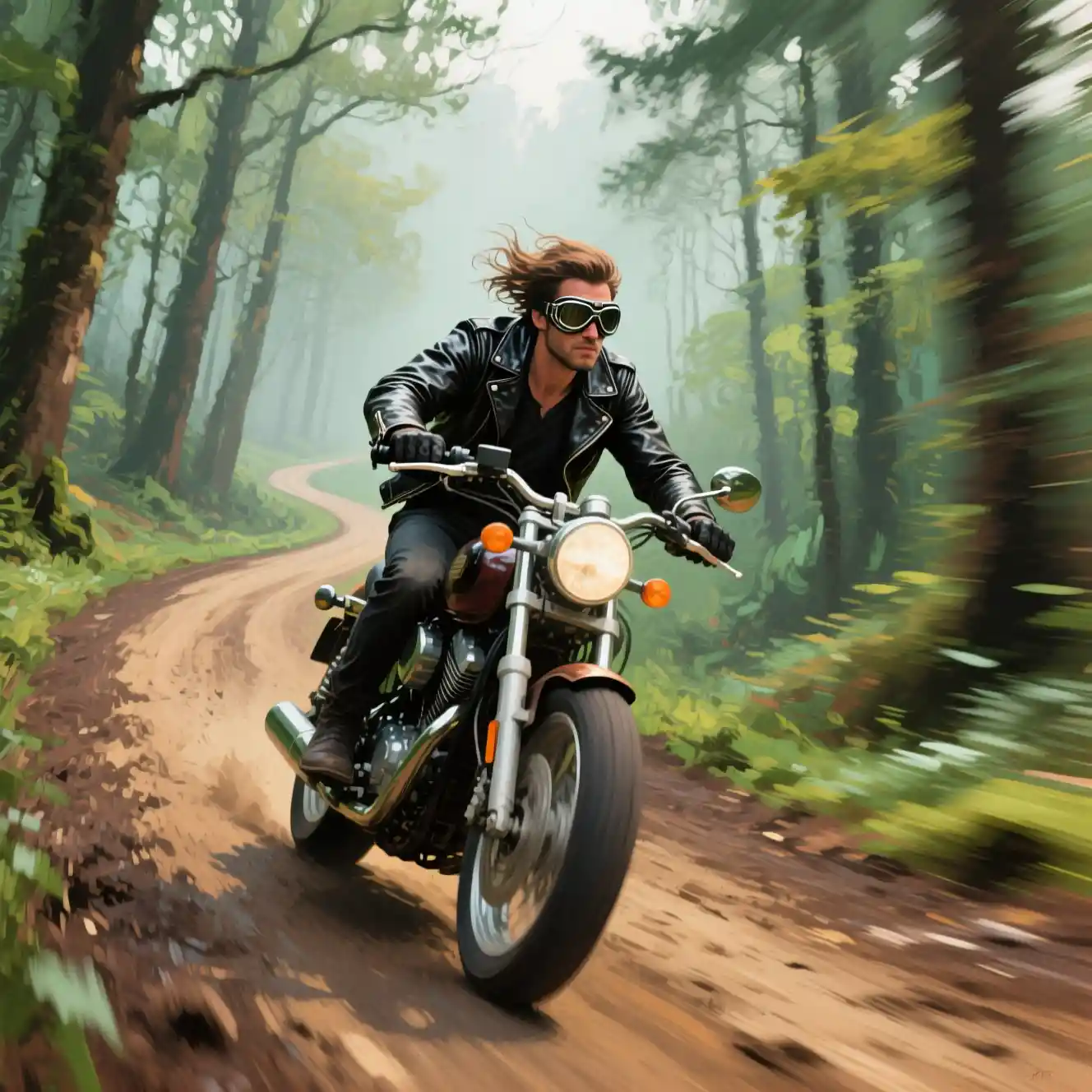 Motorcyclist Racing Along A Misty Forest Dirt Road