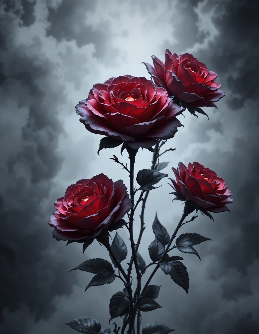 Rose gotiche in una composizione 3D surreale in bianco e nero