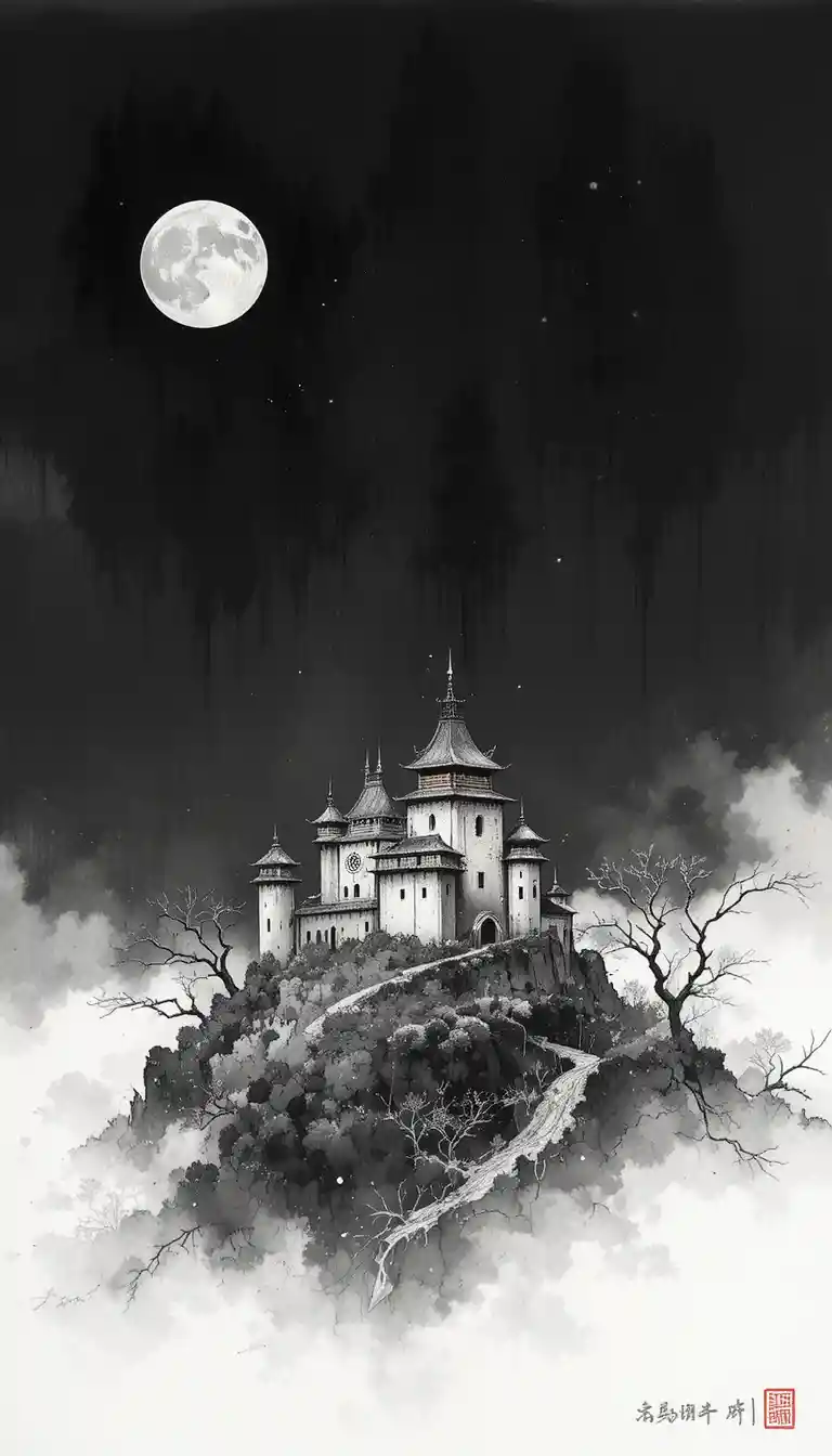 Dibujo a tinta de un castillo medieval en un paisaje nocturno minimalista