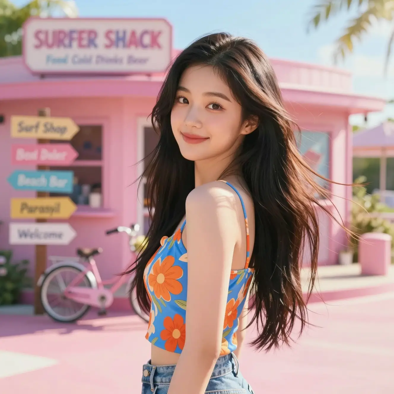 Korean girl posing by pink surfer shack and bicycle