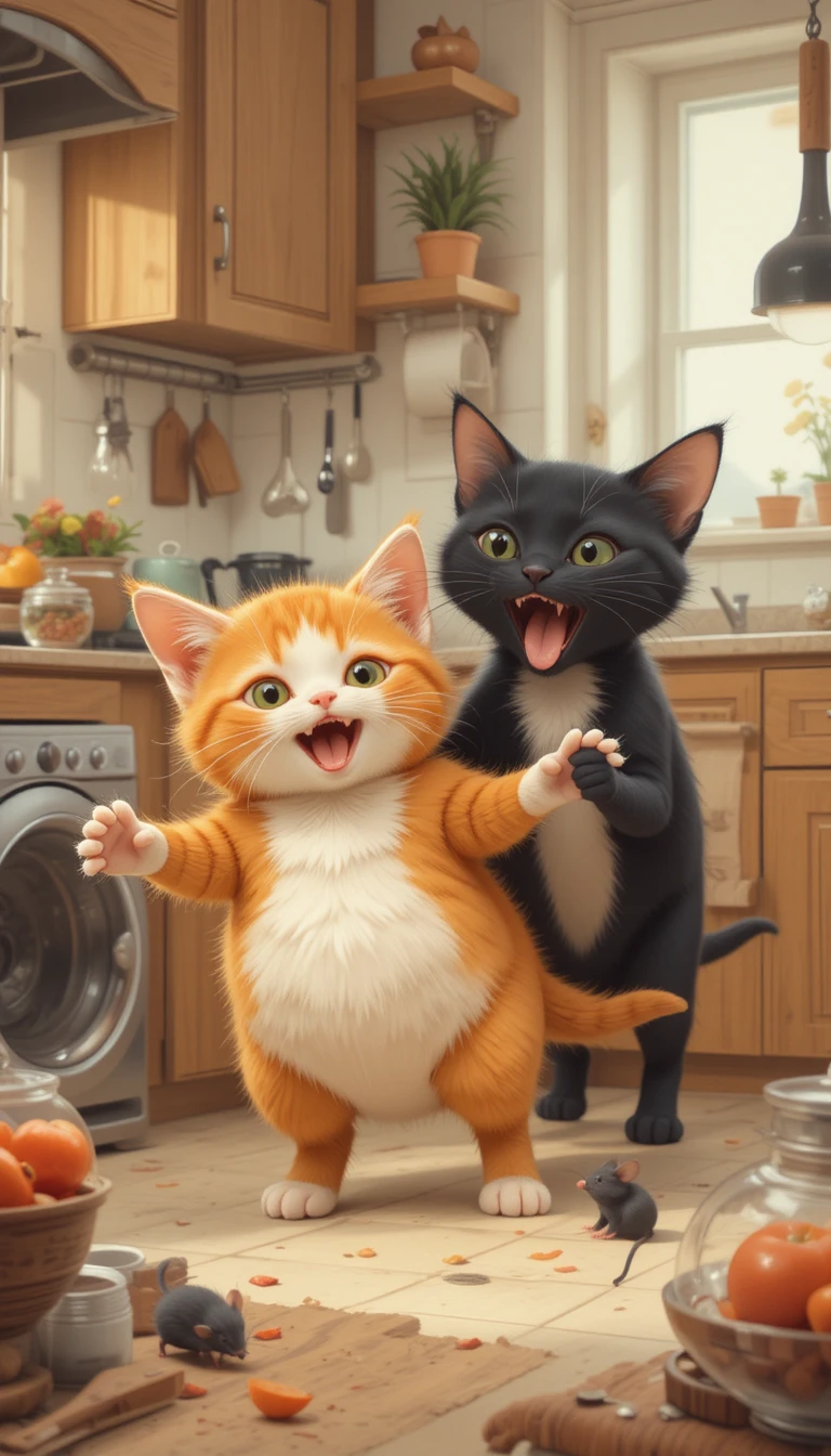 Juguetones gatitos naranja y negro explorando una acogedora cocina